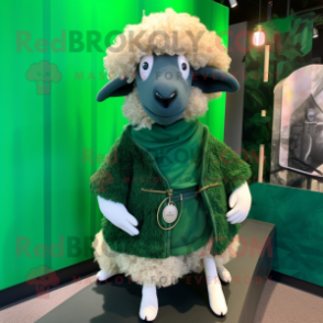 Forest Green Merino Sheep mascot costume character dressed with a Mini Skirt and Lapel pins