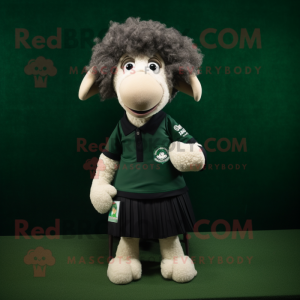 Forest Green Merino Sheep mascot costume character dressed with a Mini Skirt and Lapel pins