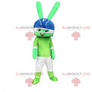 Maskotka zielony królik, olbrzym z hełmem na głowie -