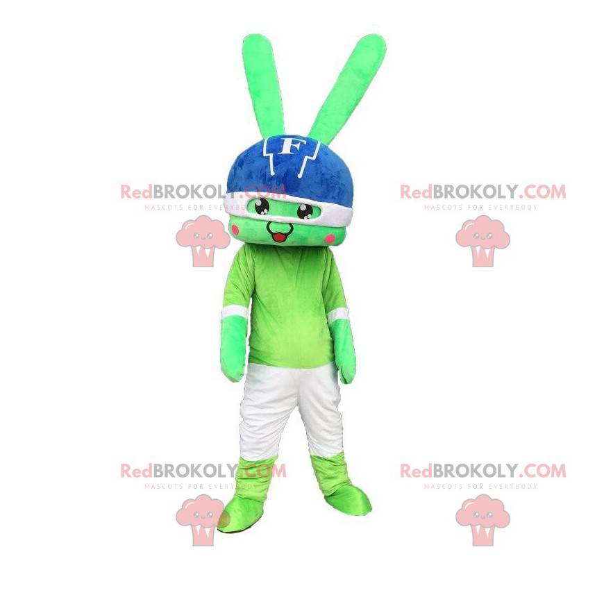Mascotte groen konijn, reus met een helm op het hoofd -