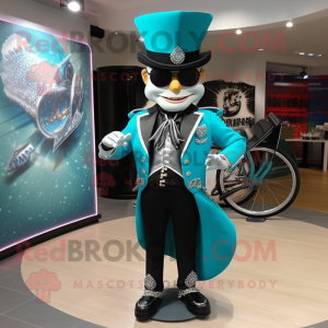 Teal Ring Master mascot costume character dressed with a Biker Jacket and Earrings