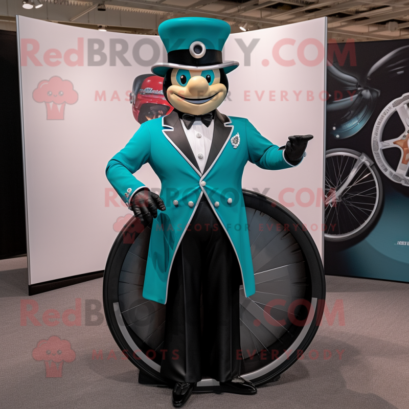 Teal Ring Master mascot costume character dressed with a Biker Jacket and Earrings Teal Ring Master mascot costume character dressed with a Biker Jacket and Earrings