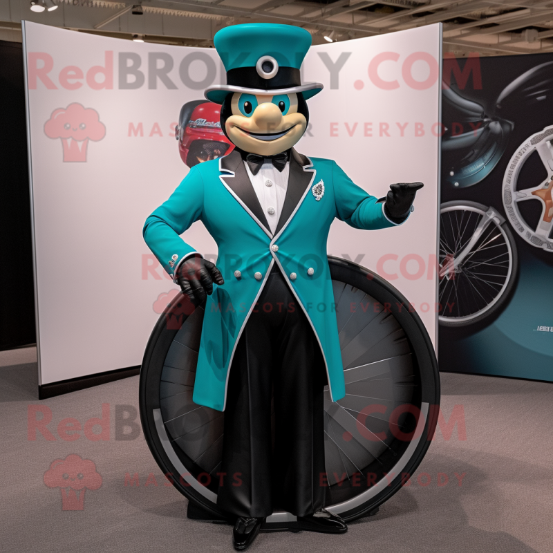 Teal Ring Master mascot costume character dressed with a Biker Jacket and Earrings