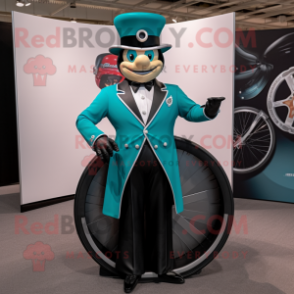 Teal Ring Master mascot costume character dressed with a Biker Jacket and Earrings