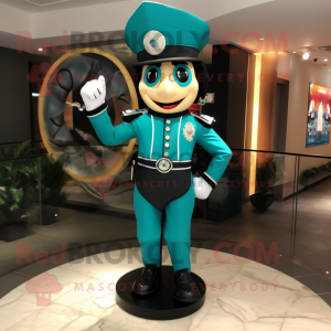 Teal Ring Master mascot costume character dressed with a Biker Jacket and Earrings