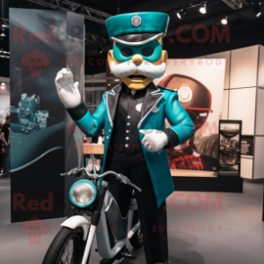 Teal Ring Master mascot costume character dressed with a Biker Jacket and Earrings