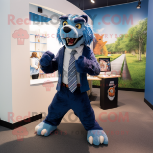 Blue Saber-Toothed Tiger mascot costume character dressed with a Oxford Shirt and Ties