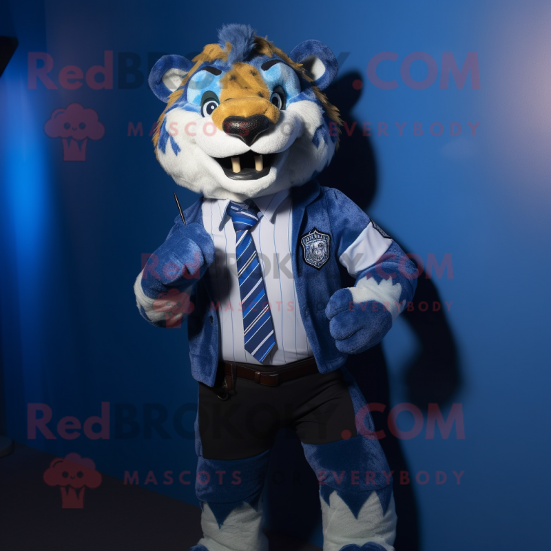 Blue Saber-Toothed Tiger mascot costume character dressed with a Oxford Shirt and Ties