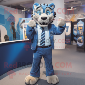 Blue Saber-Toothed Tiger mascot costume character dressed with a Oxford Shirt and Ties