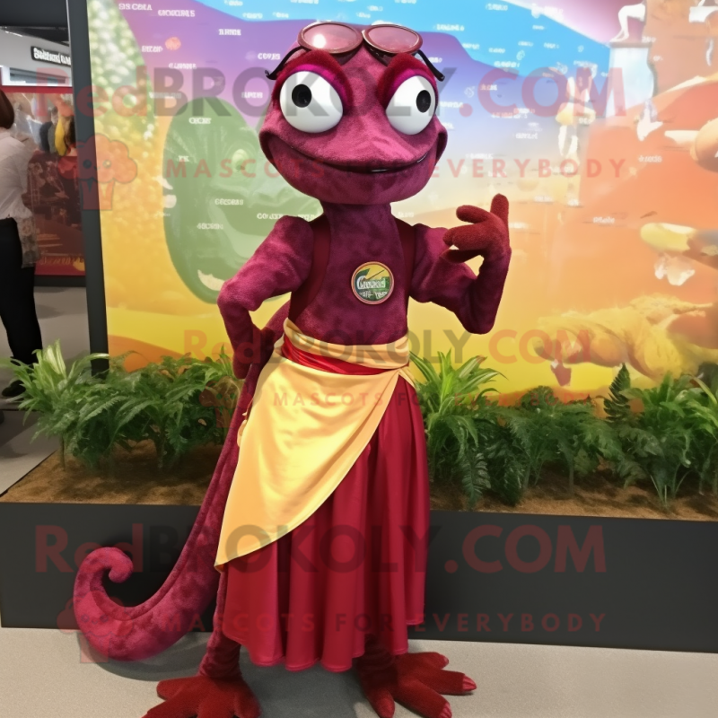 Maroon Geckos mascot costume character dressed with a Wrap Skirt and Hair clips