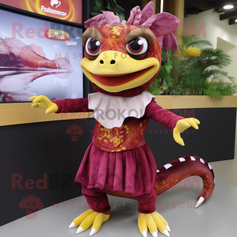 Maroon Geckos mascot costume character dressed with a Wrap Skirt and Hair clips Maroon Geckos mascot costume character dressed with a Wrap Skirt and Hair clips