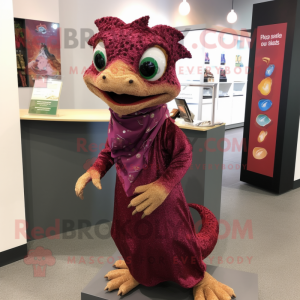 Maroon Geckos mascot costume character dressed with a Wrap Skirt and Hair clips