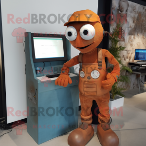 Rust Computer mascot costume character dressed with a Dungarees and Keychains