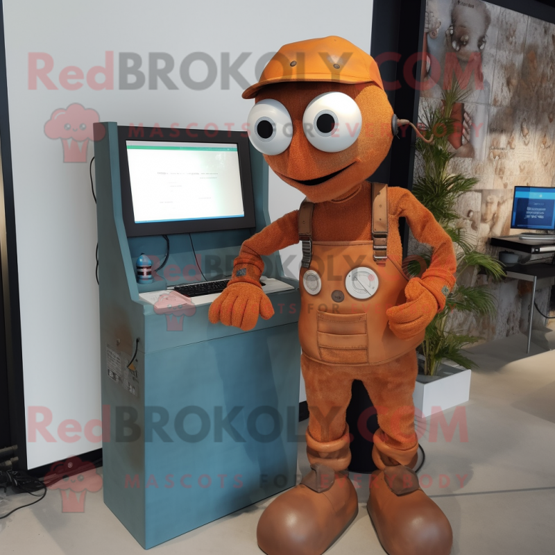 Rust Computer mascot costume character dressed with a Dungarees and Keychains Rust Computer mascot costume character dressed with a Dungarees and Keychains