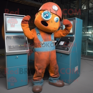 Rust Computer mascot costume character dressed with a Dungarees and Keychains