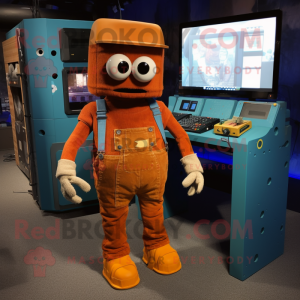 Rust Computer mascot costume character dressed with a Dungarees and Keychains
