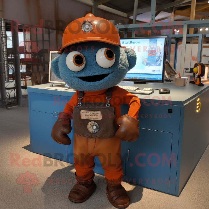Rust Computer mascot costume character dressed with a Dungarees and Keychains Rust Computer mascot costume character dressed with a Dungarees and Keychains