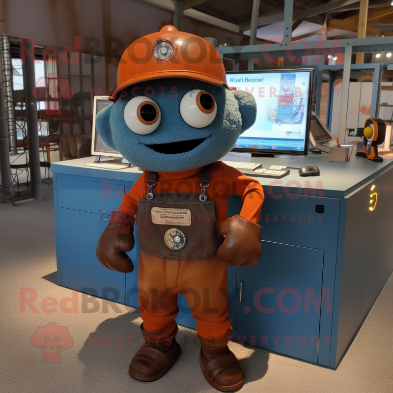 Rust Computer mascot costume character dressed with a Dungarees and Keychains