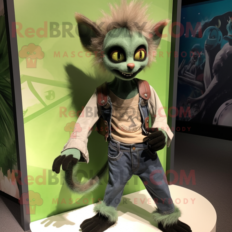 Green Aye-Aye mascot costume character dressed with a Jeans and Belts