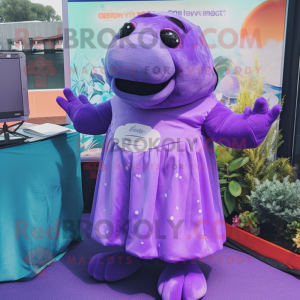 Purple Stellar'S Sea Cow mascot costume character dressed with a Midi Dress and Cufflinks