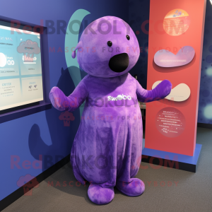 Purple Stellar'S Sea Cow mascot costume character dressed with a Midi Dress and Cufflinks