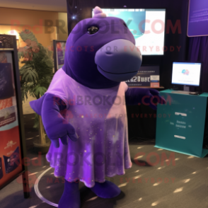 Purple Stellar'S Sea Cow mascot costume character dressed with a Midi Dress and Cufflinks