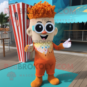 Rust Pop Corn mascot costume character dressed with a Swimwear and Scarves