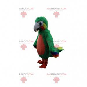 Grünes rotes und gelbes Papageienmaskottchen, riesig und haarig