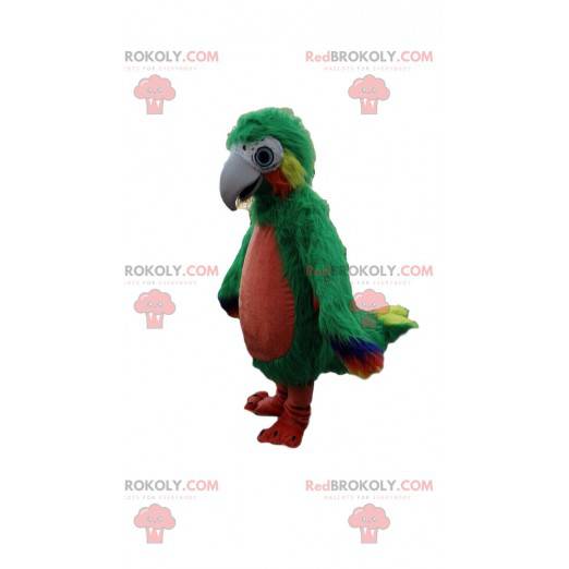 Mascote papagaio verde vermelho e amarelo, gigante e peludo -