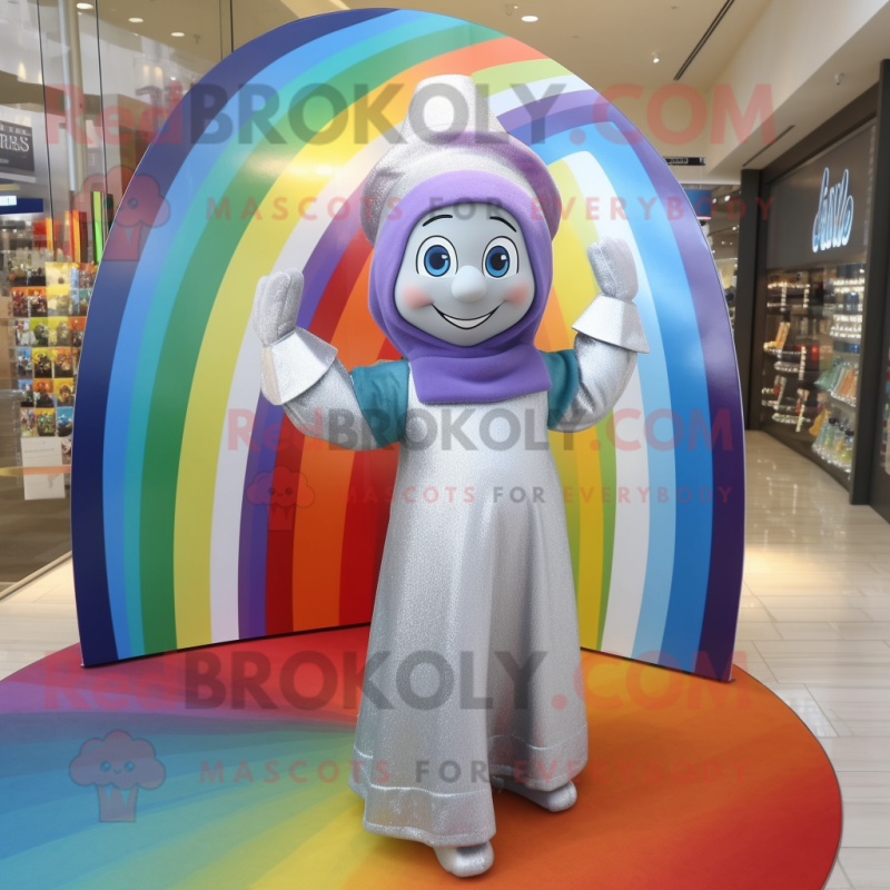 Silver Rainbow mascot costume character dressed with a Maxi Dress and Beanies