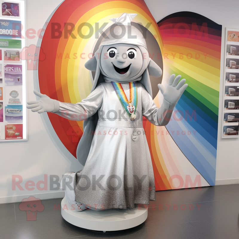 Silver Rainbow mascot costume character dressed with a Maxi Dress and Beanies