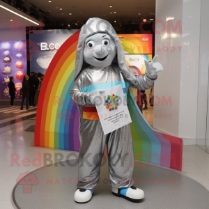 Silver Rainbow mascot costume character dressed with a Maxi Dress and Beanies