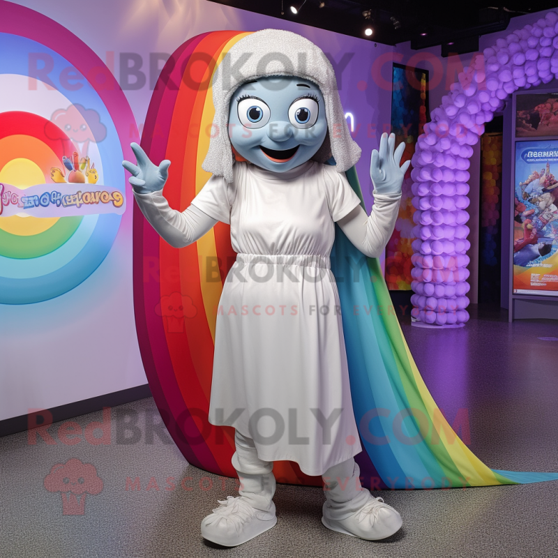 Silver Rainbow mascot costume character dressed with a Maxi Dress and Beanies Silver Rainbow mascot costume character dressed with a Maxi Dress and Beanies