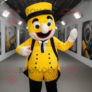 Yellow Mime mascot costume character dressed with a Waistcoat and Caps
