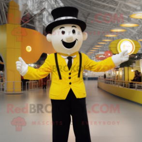 Yellow Mime mascot costume character dressed with a Waistcoat and Caps