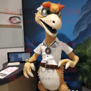 Cream Utahraptor mascot costume character dressed with a Pencil Skirt and Digital watches