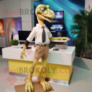 Cream Utahraptor mascot costume character dressed with a Pencil Skirt and Digital watches