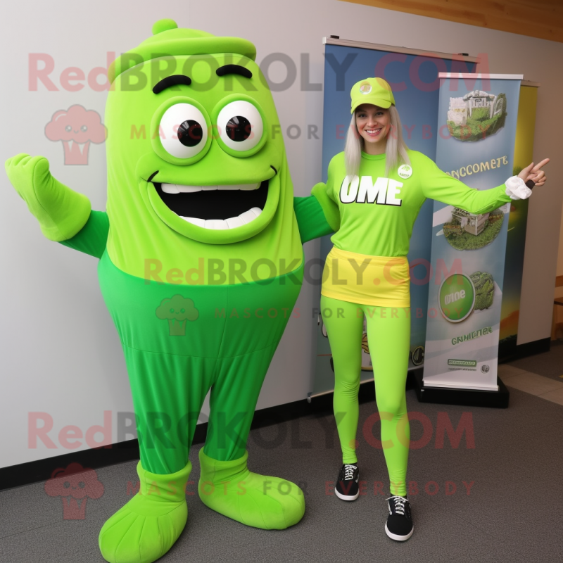 Lime Green Guinness mascot costume character dressed with a Mom Jeans and Shoe laces Lime Green Guinness mascot costume character dressed with a Mom Jeans and Shoe laces