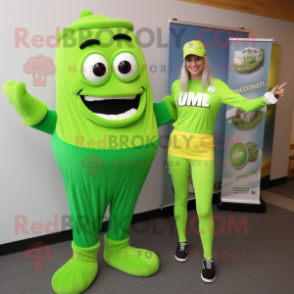 Lime Green Guinness mascot costume character dressed with a Mom Jeans and Shoe laces