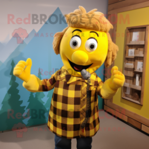 Yellow Phone mascot costume character dressed with a Flannel Shirt and Mittens