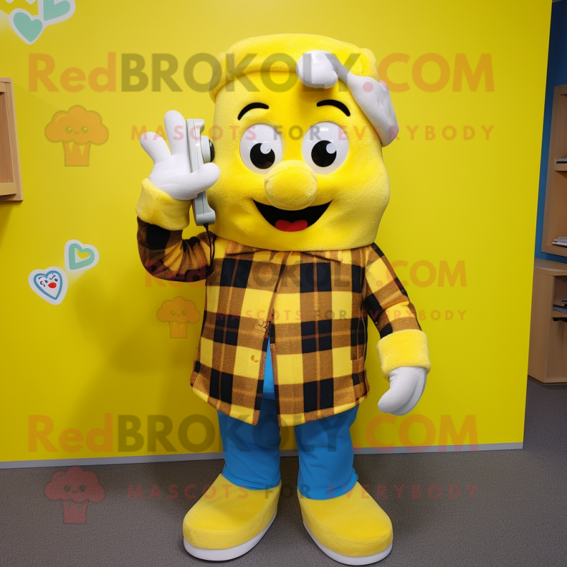 Yellow Phone mascot costume character dressed with a Flannel Shirt and Mittens Yellow Phone mascot costume character dressed with a Flannel Shirt and Mittens