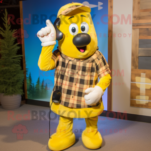 Yellow Phone mascot costume character dressed with a Flannel Shirt and Mittens