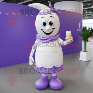 Lavender Bottle Of Milk mascot costume character dressed with a Playsuit and Scarves