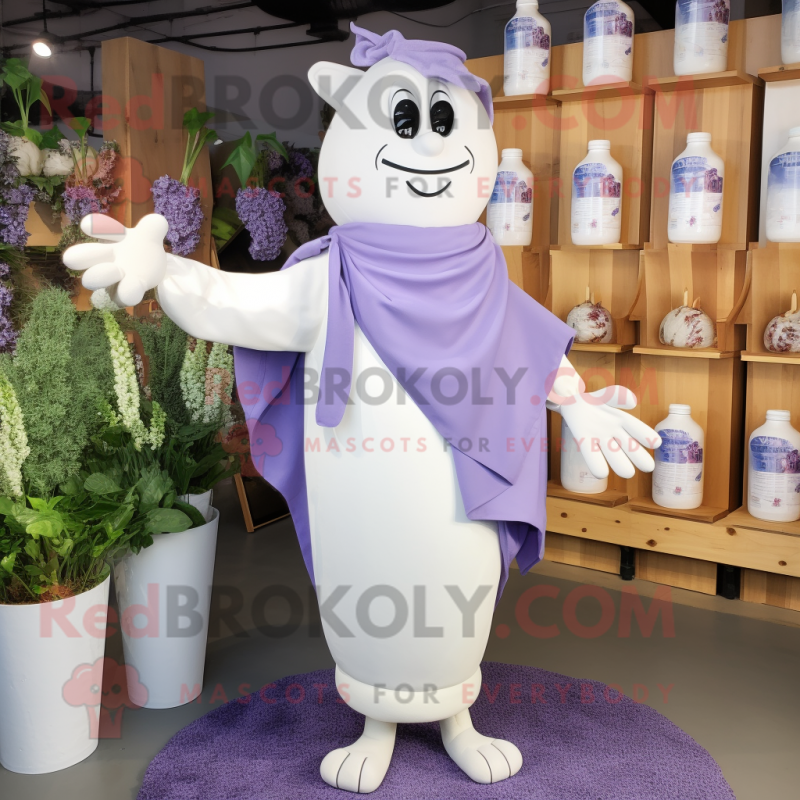 Lavender Bottle Of Milk mascot costume character dressed with a Playsuit and Scarves