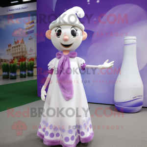 Lavender Bottle Of Milk mascot costume character dressed with a Playsuit and Scarves