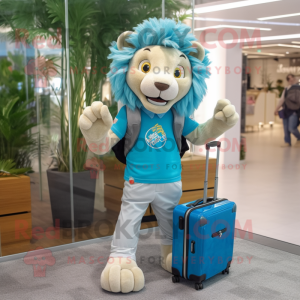 Turquoise Tamer Lion mascot costume character dressed with a Jeans and Briefcases