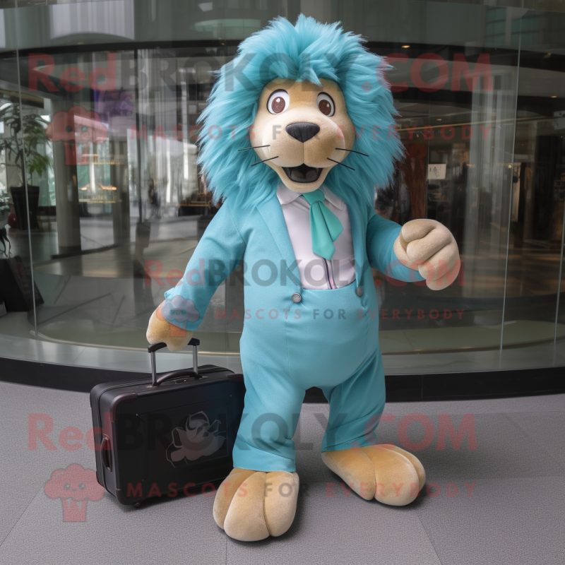 Turquoise Tamer Lion mascot costume character dressed with a Jeans and Briefcases Turquoise Tamer Lion mascot costume character dressed with a Jeans and Briefcases