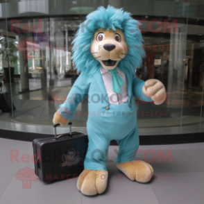 Turquoise Tamer Lion mascot costume character dressed with a Jeans and Briefcases