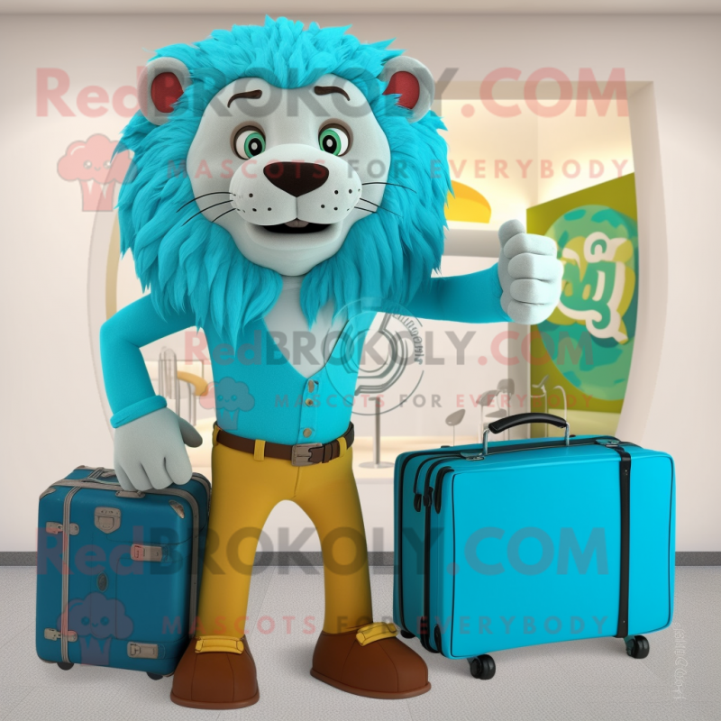 Turquoise Tamer Lion mascot costume character dressed with a Jeans and Briefcases