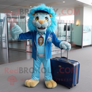 Turquoise Tamer Lion mascot costume character dressed with a Jeans and Briefcases